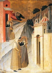 Svatý Jan nařizuje blahoslaveným postavit klášter ve Florencii, dlaždice na oltářním obraze Blahoslavené pokory od Pietra Lorenzettiho (asi 1280-1348), tempera a zlato na dřevěné desce.