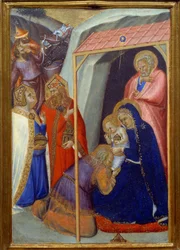 Klanění tří králů Detrempe na dřevě od Pietra Lorenzettiho (1280-1348)