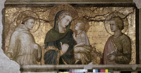 Panna Maria s dítětem mezi svatým Janem a svatým Františkem, freska Pietra Lorenzettiho (1280-1348) v Assisi, dolní bazilika, kaple Orsini.