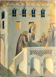 Blahoslavený léčí nohu mnicha z opatství Vallombrosa, dlaždice z oltářního obrazu Blahoslavené pokory, od Pietra Lorenzettiho (asi 1280-1348), tempera a zlato na dřevěné desce.