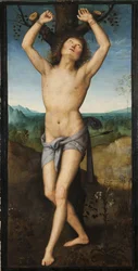 Saint Sebastien - Svatý Šebestián, od Perugina (asi 1450-1523). Olej na dřevě. Rozměr: 174 x 88 cm. Národní muzeum Stockholm
