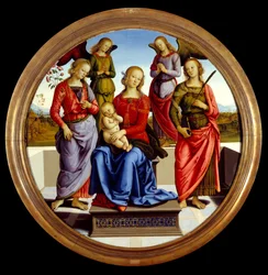 Panna a dítě obklopené dvěma anděly, svatou Růženkou a svatou Kateřinou. Obraz od Pietra Vannucciho dit il Perugino (Perugin