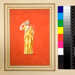 Ženská postava ve žluté, luk a šíp v pravé ruce (černá křída, některé s perem a hnědým inkoustem, obarvené akvarelem)