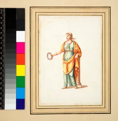 Ženská postava otočená nalevo od diváka (černá křída, některé s perem a hnědým inkoustem. kolorováno akvarelem)