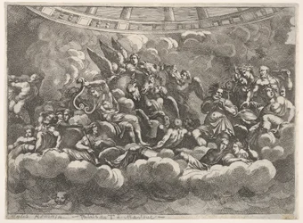 Shromáždění různých olympských bohů a mytologických postav mezi mraky, Apollo at ce..., ca. 1680.
