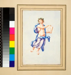 Vznášející se mužská postava (černá křída, někteří s perem a hnědým inkoustem. obarveno akvarelem)
