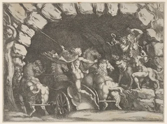 Pluto, viděno zezadu, vstupuje do podsvětí na svém voze, Cerberus a tři Fu..., ca. 1680.