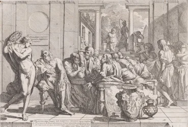 Platónovo Symposion: Sókratés a jeho společníci sedí kolem stolu a diskutují o ideální lásce..., 1648