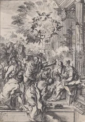 Klanění tří králů, zasazené před a architektonická kolonáda, ca. 1640.