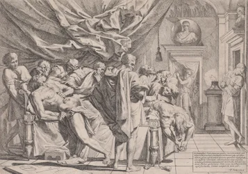 Sebevražda filozofa Catona, který leží na posteli a vytahuje si vnitřnosti, sledován b..., 1648