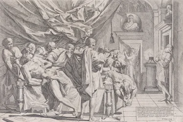 Sebevražda filozofa Catona, který leží na posteli a vytahuje si vnitřnosti, sledován b..., 1648