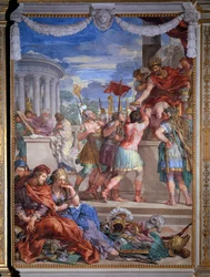 Alegorie čtyř věků, freska doby bronzové od Pietra da Cortona (1596-1669), 1637, Salle du Poêle (Stanza della Stufa), Palatinská galerie, Palazzo Pitti, Florencie