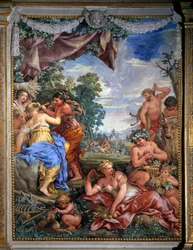 Alegorie čtyř věků, stříbrný věk, freska Pietra da Cortona (Kámen z Cortony) (1596-1669), 1637, Salle du Poele (Stanza della Stufa), Palatinská galerie, Palazzo Pitti, Florencie