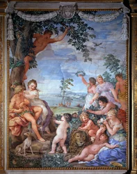 Alegorie čtyř věků, zlatý věk. Freska Pietra da Cortony (Kámen z Cortony) (1596-1669), 1637, Salle du Poêle (Stanza della Stufa), Palatinská galerie, Palazzo Pitti, Florencie