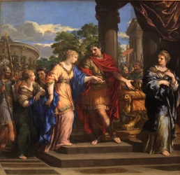 Caesar dává Kleopatře egyptský trůn, kolem roku 1637 (olej na plátně)