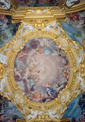 Sala di Apollo Hall of Apollo detail stropní výzdoby zobrazující Cosima I. deMedici 1519-74 prezentovaného Apollónovi, freska kolem roku 1647