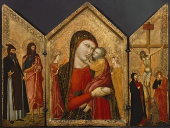 Madona s dítětem, ukřižování a svatí, kolem 1340-1370 (tempera a plátkové zlato na panelu)