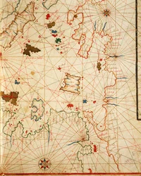 Peloponés, z portolánského atlasu sestávajícího ze šesti map, od Placida Caloira a Francesca Olivy, Pergamen. 1646.