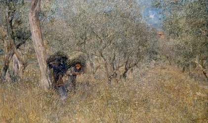 Mezi olivovníky, fascinuje, Plinio Nomellini (1866-1943), olej na plátně, 60x100 cm
