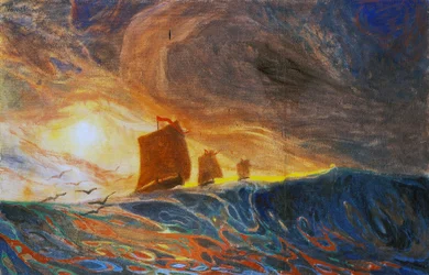 Marina a rackové, Plinio Nomellini (1866-1943), tempera na plátně, 97x149 cm