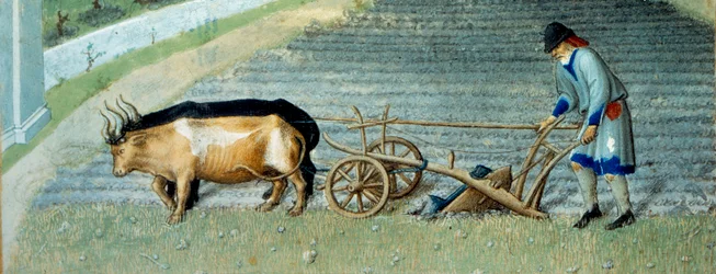 Březen: sníh Zemědělské práce, rolník oral pole. Detail. Miniatura v „Velmi bohaté hodiny vévody z Berry“ od Pol De Limburga (15. století). Chantilly, Musee Conde