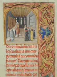 Svěcení oltáře biskupem za pomoci kanovníků a světských zakladatelů od pontifikálu biskupa Erasma Ciolka, kolem 1510 (tempera a zlato na pergamenu)