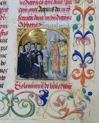 Biskup žehnající jeptiškám z pontifikálu biskupa Erasma Cioleka, asi 1510 (tempera a zlato na pergamenu)