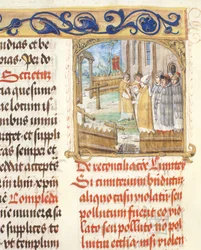Žehnání rozbořeného hřbitova biskupem z pontifikálu biskupa Erasma Cioleka, asi 1510 (tempera a zlato na pergamenu)