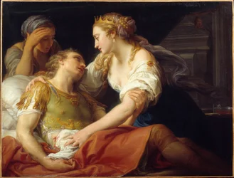 Smrt Marca Antoina římský politik a generál Marc Antoine (Marcus Antonius) (83-30 př.nl) zemřel v náručí Kleopatry. Obraz Pompea Batoniho (1708-1787) 1760 Brest, Muzeum výtvarných umění