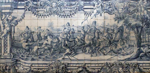 Alexandr Veliký (356-323 př. n. l.) bojuje s Peršany - panel z azulejos z Lisabonu, asi 1745 - Národní muzeum azulejos, Lisabon (Portugalsko)