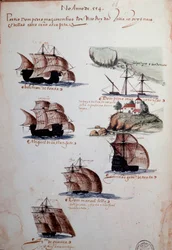 Stránka rukopisu „Vzpomínky na portugalské armády za krále Manuela I. (1469-1521)“, zobrazující portugalské loďstvo roku 1497. 1500. Lisabon, Národní muzeum starého umění.