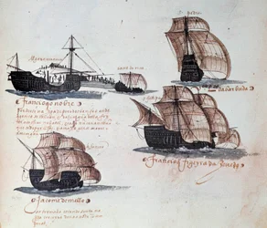 Pamětní kniha portugalských armád za krále Manuela I. (1469-1521): zobrazení karavel portugalské flotily. Miniatura z rukopisu z roku 1497. Lisabon, Národní muzeum starého umění