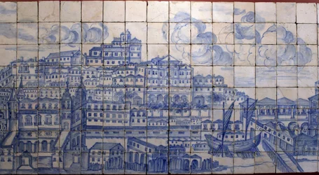 Panoramatický pohled na Lisabon před zemětřesením roku 1755 - Azulejos z počátku 18. století, panel odkazující na bývalý palác hrabat z Tentúgalu, Lisabon, velké panorama Lisabonu před zemětřesením roku 1755, fajáns z počátku 18. století, bývalý palác