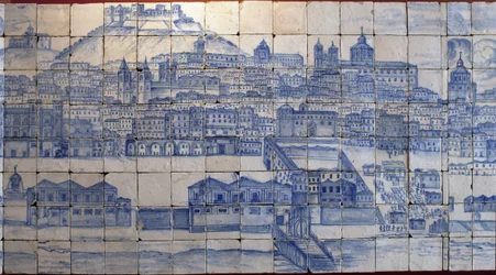 Panoramatický pohled na Lisabon před zemětřesením roku 1755 - azulejos z počátku 18. století, panel z bývalého paláce hrabat z Tentugalu, Lisabon (velké panorama Lisabonu před zemětřesením roku 1755, fajáns z počátku 18. století, starý palác)