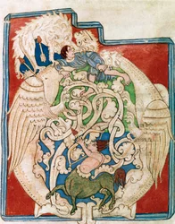 Obal O s vyobrazením loveckého kentaura. Miniatura převzatá ze „Starého zákona“ (Testamentum vetus) ze Sancta Cruz de Coimbra. 12. století. Porto, Městská knihovna