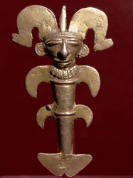 Předkolumbovské umění, civilizace Quimbaya (Kolumbie): antropomorfní zlatý přívěsek. 400-1400 n. l. Bogotá, Museo del Oro, Kolumbie