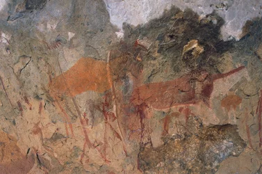 Lidské a zvířecí postavy, křováci nebo jeskynní malby san, Maloti-Drakensberg Park (Seznam světového dědictví UNESCO, 2000), Lesotho