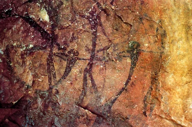 Lidské postavy s luky, Cueva del Civil, Tirig, Barranc de la Valltorta, Valencie, Španělsko (malba)
