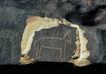 Pravěk, skalní umění: hrobová skála reprezentace antilopy. Doba kamenná 5000-2000 před naším letopočtem. Taghit, Haut plateau du Hoggar (Ahaggar), Alžírsko