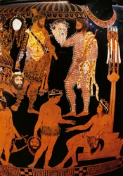 Pronomova váza, červenofigurový kratér. Detail zobrazující Hérakla, přípravy satyrského dramatu v přítomnosti Dionýsa a Ariadny; postavy drží divadelní masky. 400 př. n. l. Neapol, Museo Archeologico Nazionale