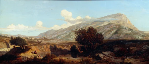 Pohled na svatou horu Vítězná krajina maquis na jihu. Obraz Prospera Josepha Gresyho (1804-1874) 19. století Aix en Provence, Musee Granet