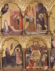 Polyptych Usnutí Panny Marie, detail sv. Řehoře Velikého (540-604) Modlitba za vysvobození duše Trajana (53-117) z očistce, Zvěstování, Útěk do Egypta a Ježíš s lékaři ( tempera na panelu)