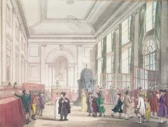 Bank of England, Velká síň, z Ackermannova „Microkosmu Londýna“, 1809 (akvatinta)