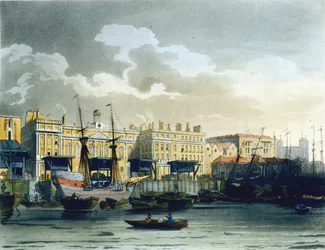 Custom House od řeky Temže, z Ackermannova „Microcosm of London“, vyrytý Johnem Bluckem (fl. 1791-1819), 1808 (akvatinta)