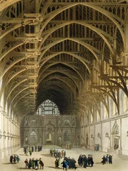 Westminster Hall, ryl J. Bluck (fl.1791-1831) pub. od R. Ackermanna, 1809 (barevná akvatinta)