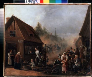 Scéna ruské francouzské války v roce 1812 (Scene of the Russian French War in 1812). Obraz Petra Iljiče Baykova (1817-?). Olej na plátně, 45,3 x 55,5 cm