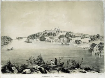 Klášter Valaam (nebo Valamo) na ostrově Valaam v jezeře Lagoda (Rusko) (Klášter Valaam na ostrově Valaam v jezeře Lagoda). Kresba Petra Fjodoroviče Borela (1829-1898). Litografie, 53,3 x 70,5 cm