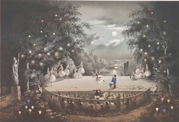 Balet Naiad a Rybář od C. Pugniho v Růžovém pavilonu, v parku Peterhof, 1851.