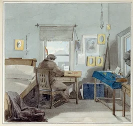 V práci. V domě Pavla Nashchokina (1801-?) (Moskva). (V práci. V domě Pavla Nashchokina). Dílo Petra (Piotra) Fjodoroviče Sokolova (Pierre Sokolov) (1791-1848), akvarel na papíře