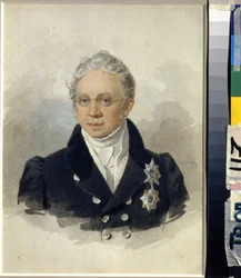 Portrét hraběte Charlese Roberta de Nesselrode (Karl Robert von Nesselrode) (1780-1862). (Portrét hraběte K.R. Nesselrode). Dílo Petra (Piotra) Fjodoroviče Sokolova (Pierre Sokolov) (1791-1848), akvarel na papíře, po roce 1829. Ruské umění 19. stol.